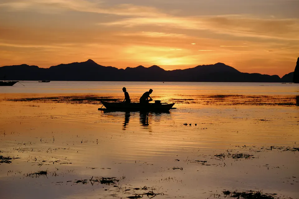 Two fishermen in a small boat silhouetted on a gold sea at sunset